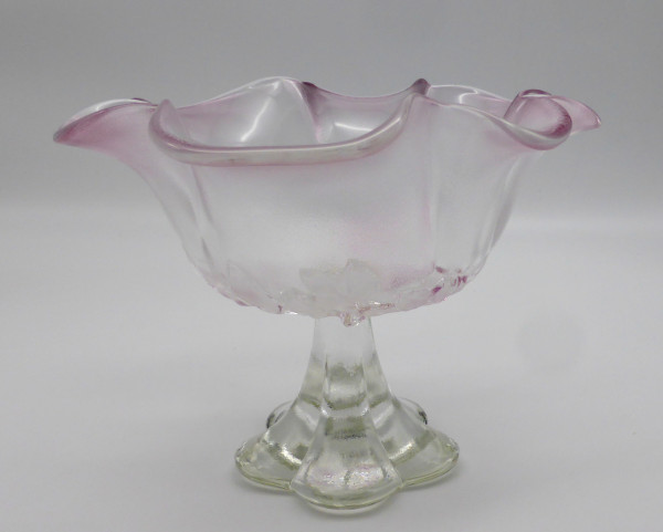 Glas Konfektschale auf Fuß gewellter Rand Blumendekor rosa