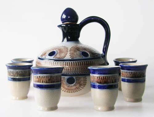Keramik Set Krug mit 6 Stamperl grau blau und braun