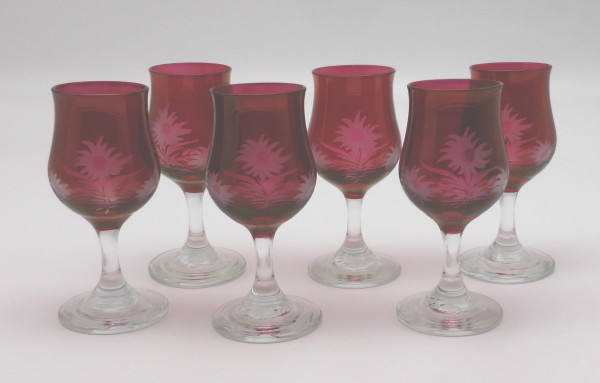 6 Likörgläser rubinrot mit Mattgravur Höhe 9 cm