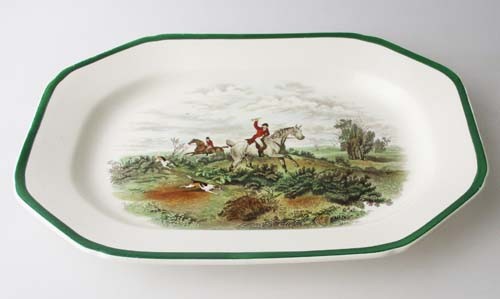 Spode The Hunt Servierplatte 31,5x23 cm grüner Rand, Going To Halloa Nr. 9