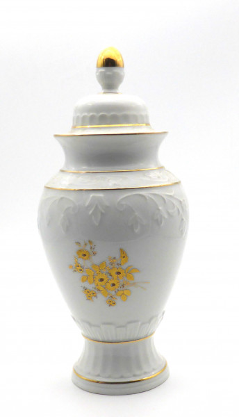 Gilde Porzellan Deckelvase Relief Echt Gold 22,5 cm