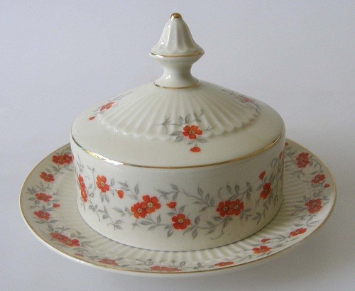 Bavaria Schumann Blumendekor Orange/Goldrand Butterdose/Butterglocke